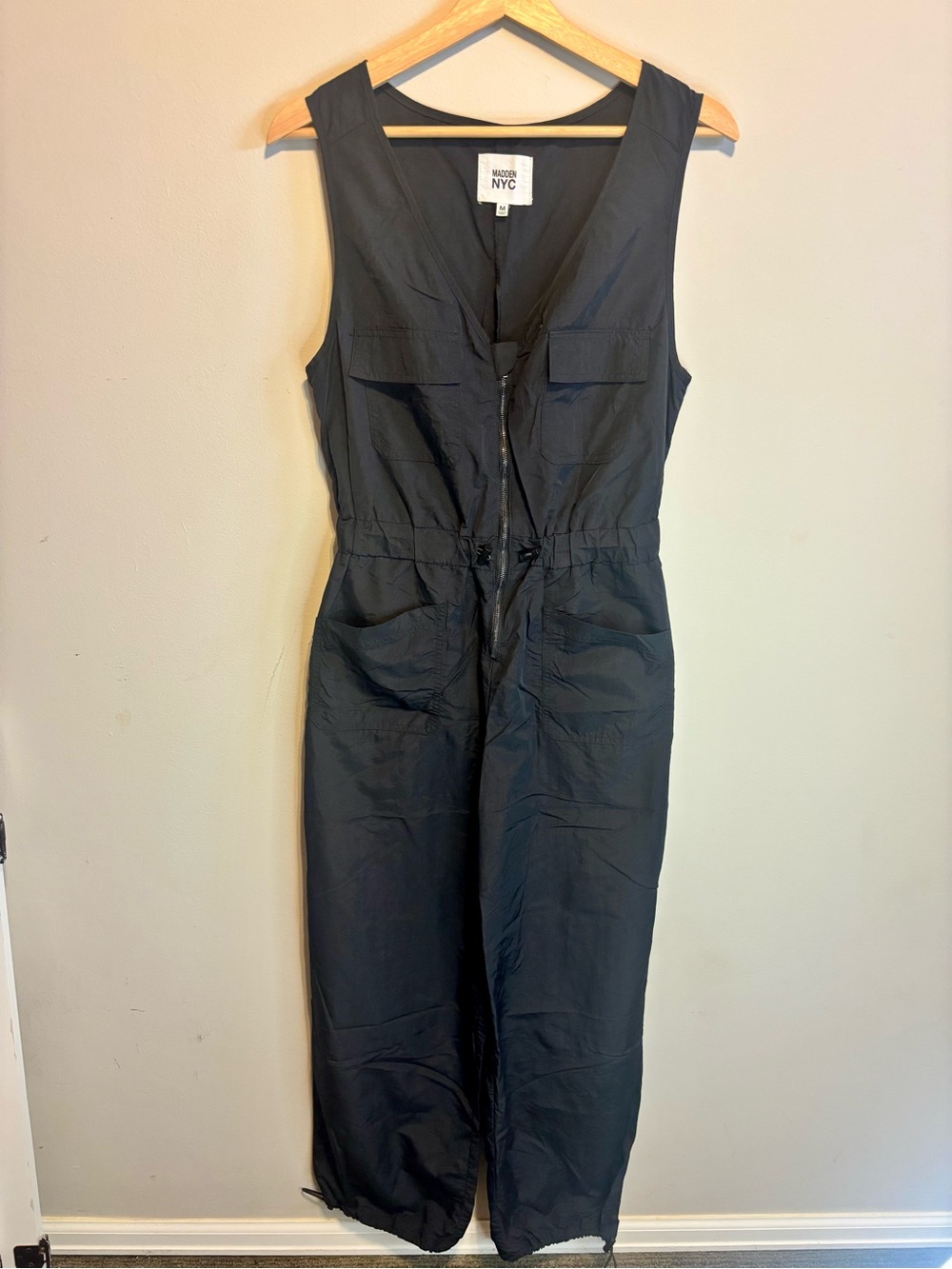 ✨Madden NYC Black Utility Nylon Jumpsuit Size Medium Zip Up Front